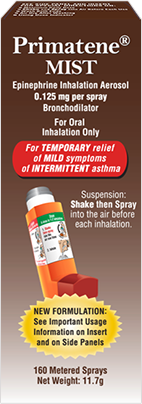 image of  Primatene Mist inhaler product package (epinephrine Inhaltion aerosol, o.125 mg per spray bronchodilator