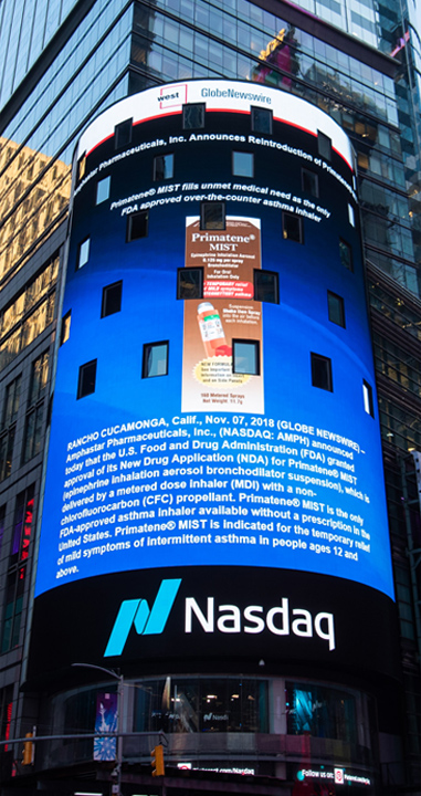 image shows advertisement of Primatene MIST inhaler on NYC Times Square electronic billboard